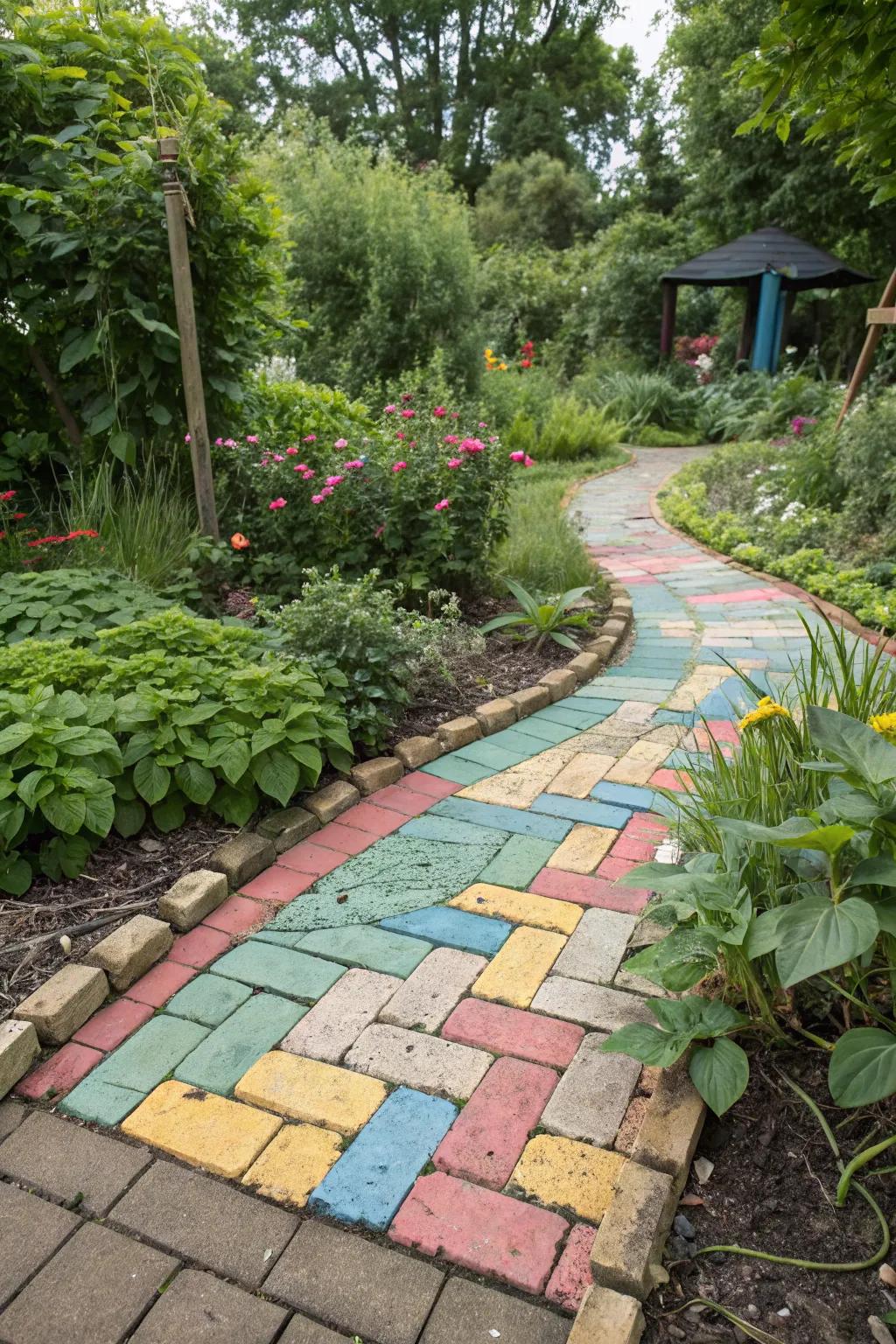 Vibrant contrasts using colorful brick pavers.