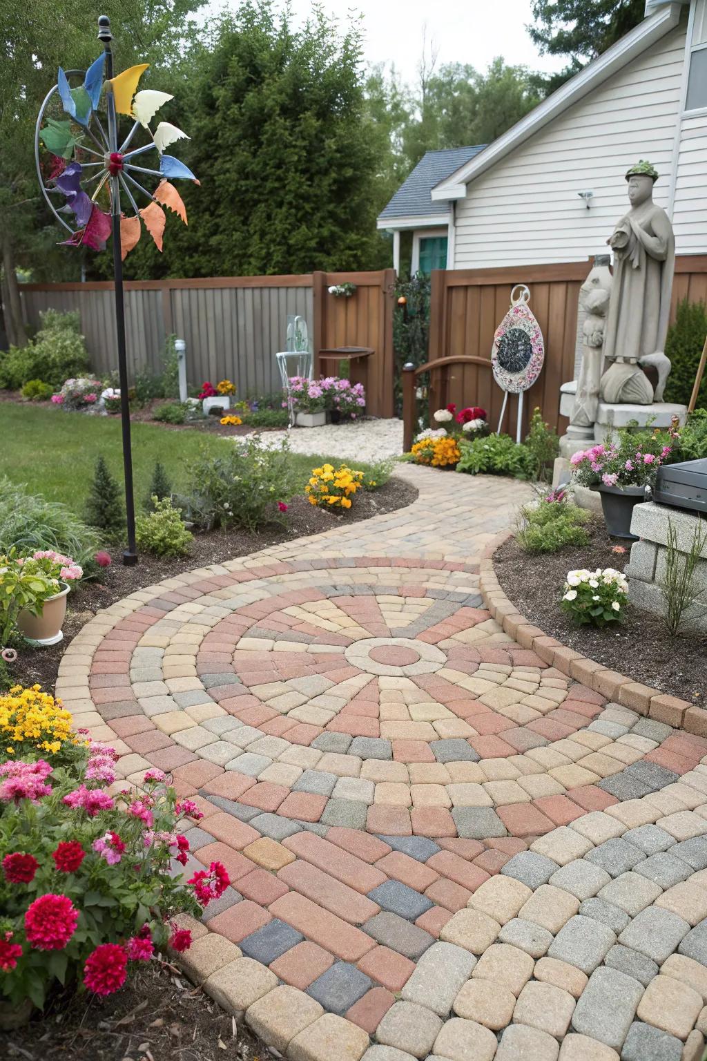 A vibrant backyard showcasing a pinwheel brick paver pattern.