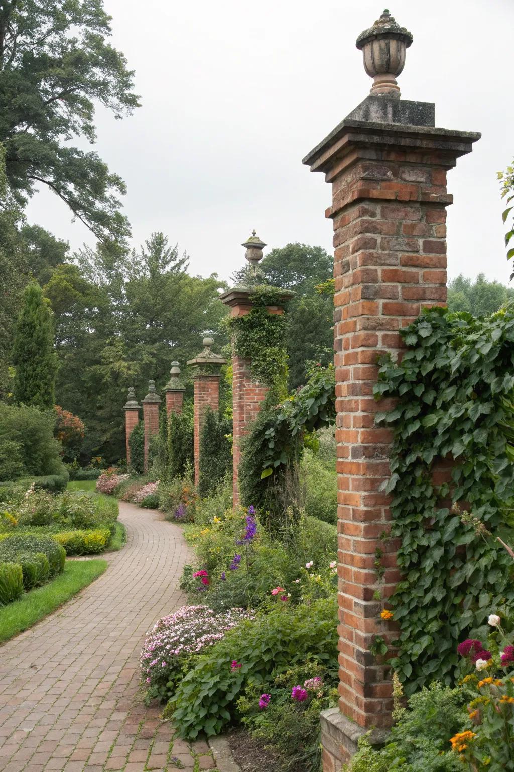 Brick pillars with artistic decorative tops in a garden.