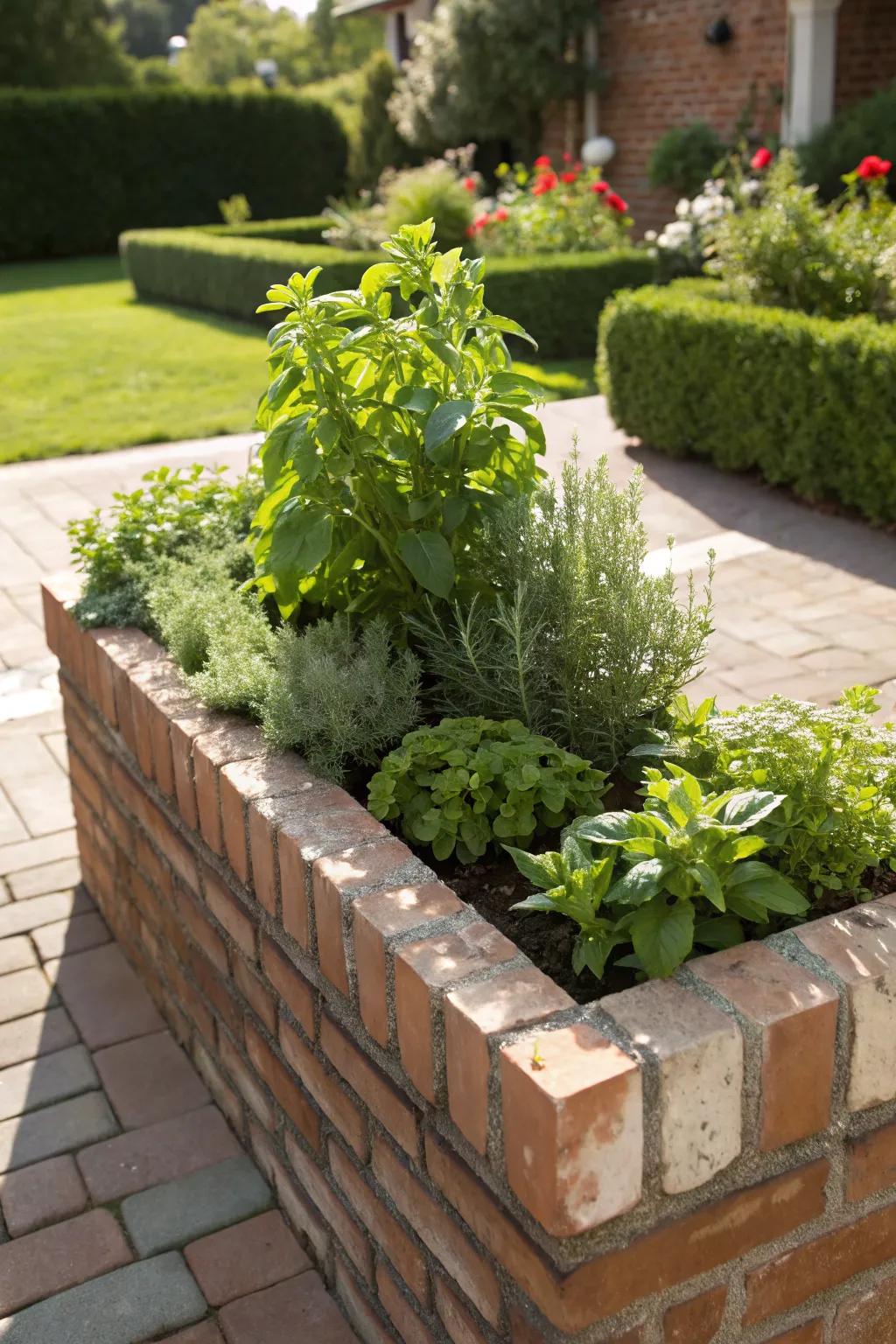 A delightful herb garden flourishing in a brick planter.