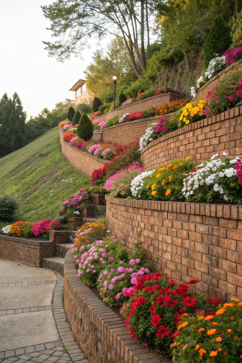 Tiered brick planter walls transforming a sloped garden into a visual delight.