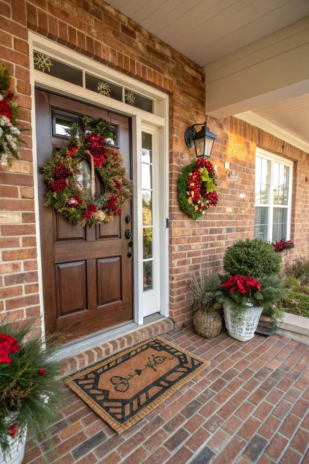 Seasonally decorated brick porch.