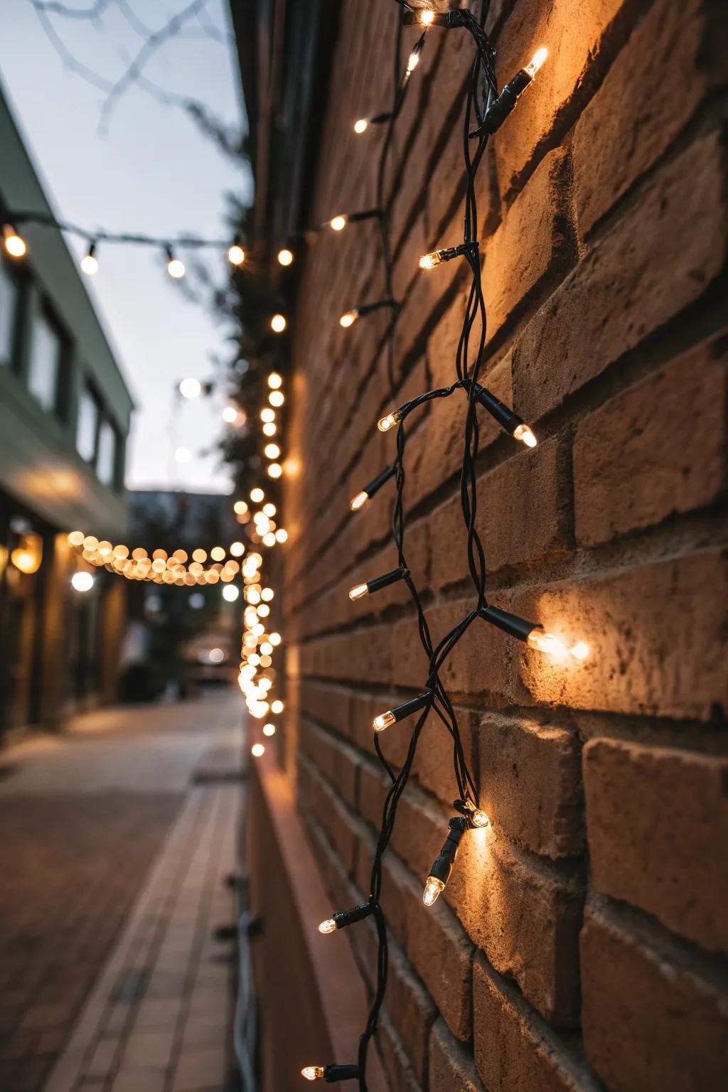 String lights create a magical ambiance against a brick wall.