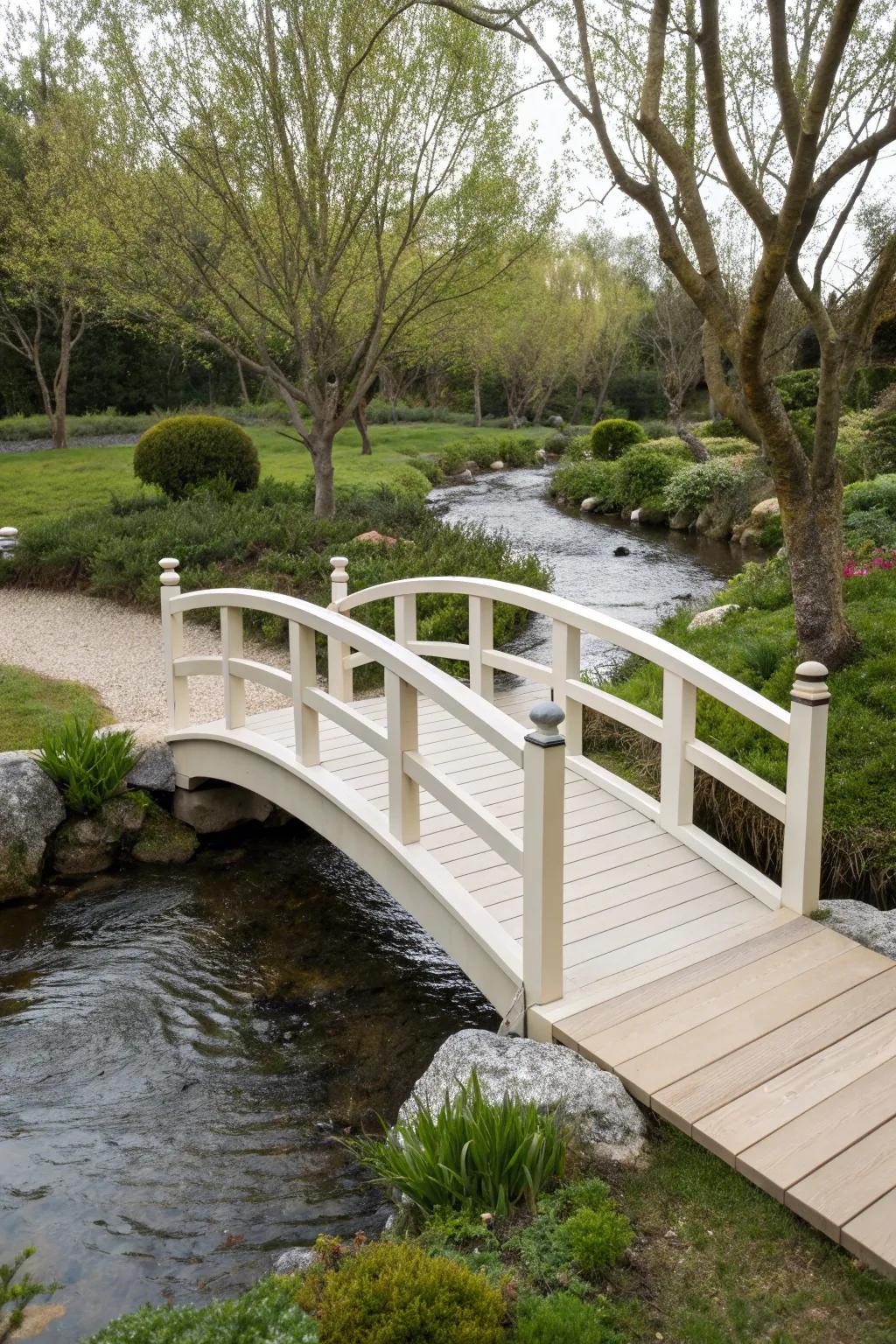 A minimalist bridge enhances a modern garden aesthetic.