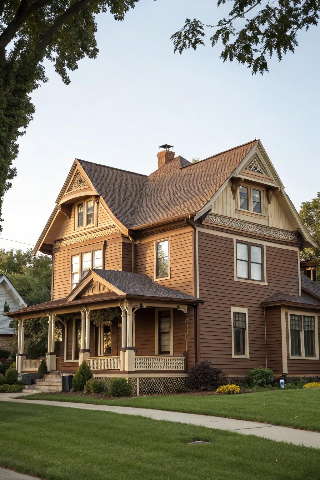 Two-tone brown adds depth and highlights architectural features.