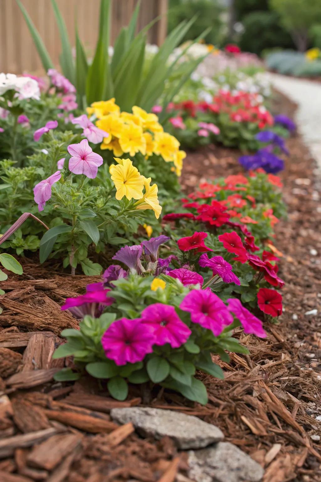 Colorful flower beds enhanced by brown mulch.