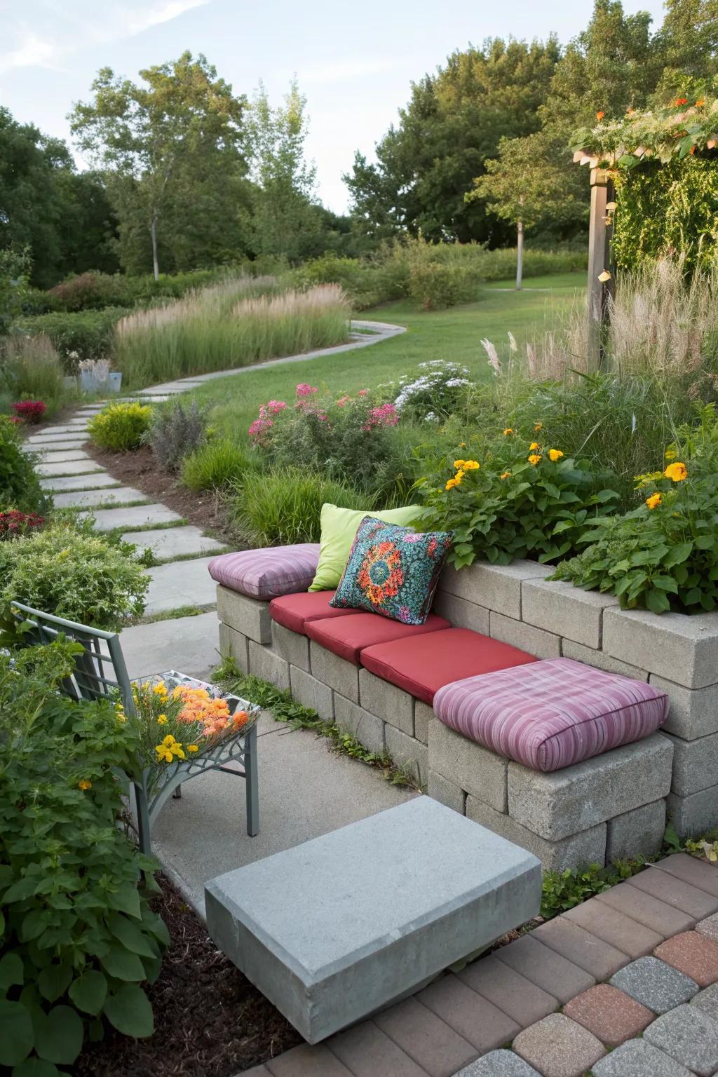 Cinder block seats offer a modern touch to garden seating.