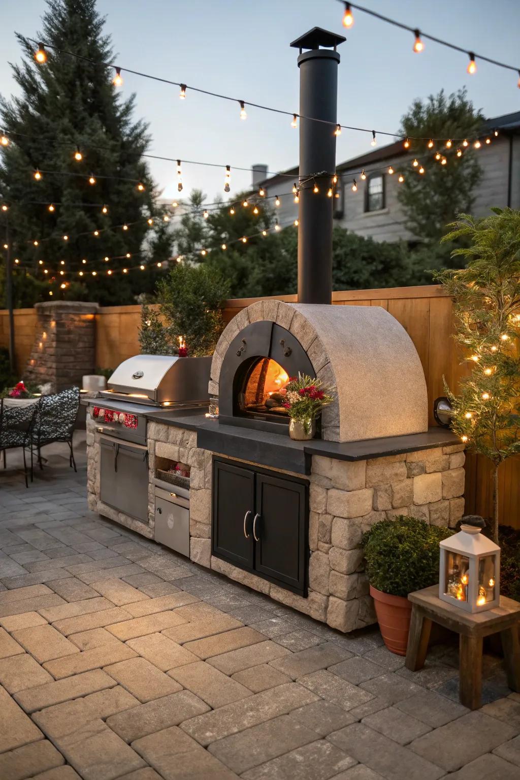 A pizza oven next to your grill elevates outdoor dining experiences.