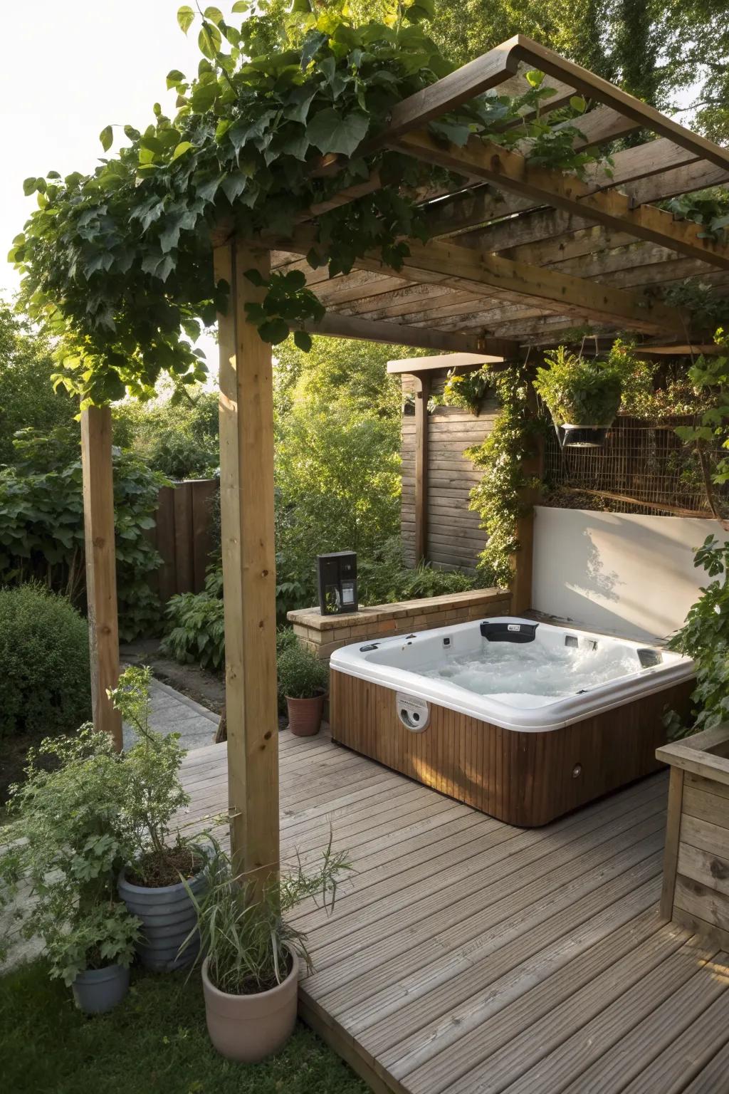 A pergola adds privacy and charm to the hot tub area.