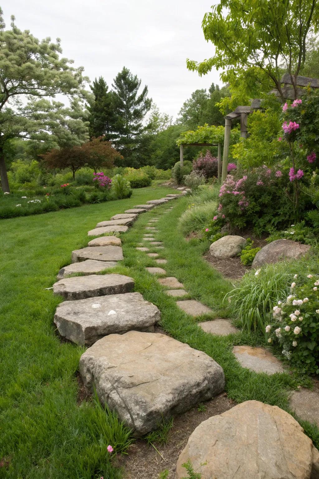 A decorative garden path with bull rocks, enhancing the walking experience.