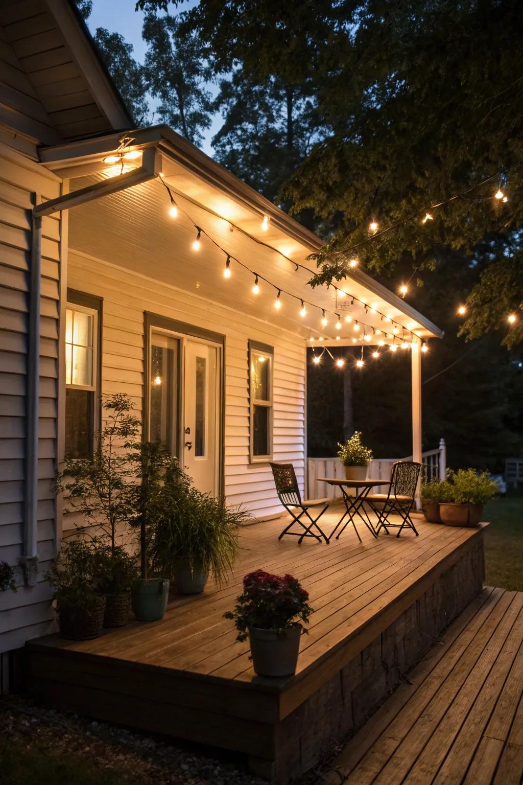 Soft string lights create a magical evening ambiance on the porch.