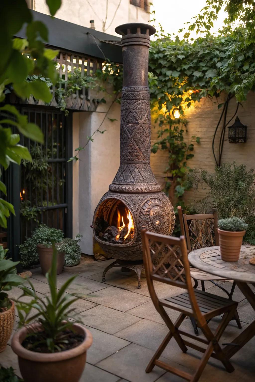 Rustic charm with a portable chiminea.