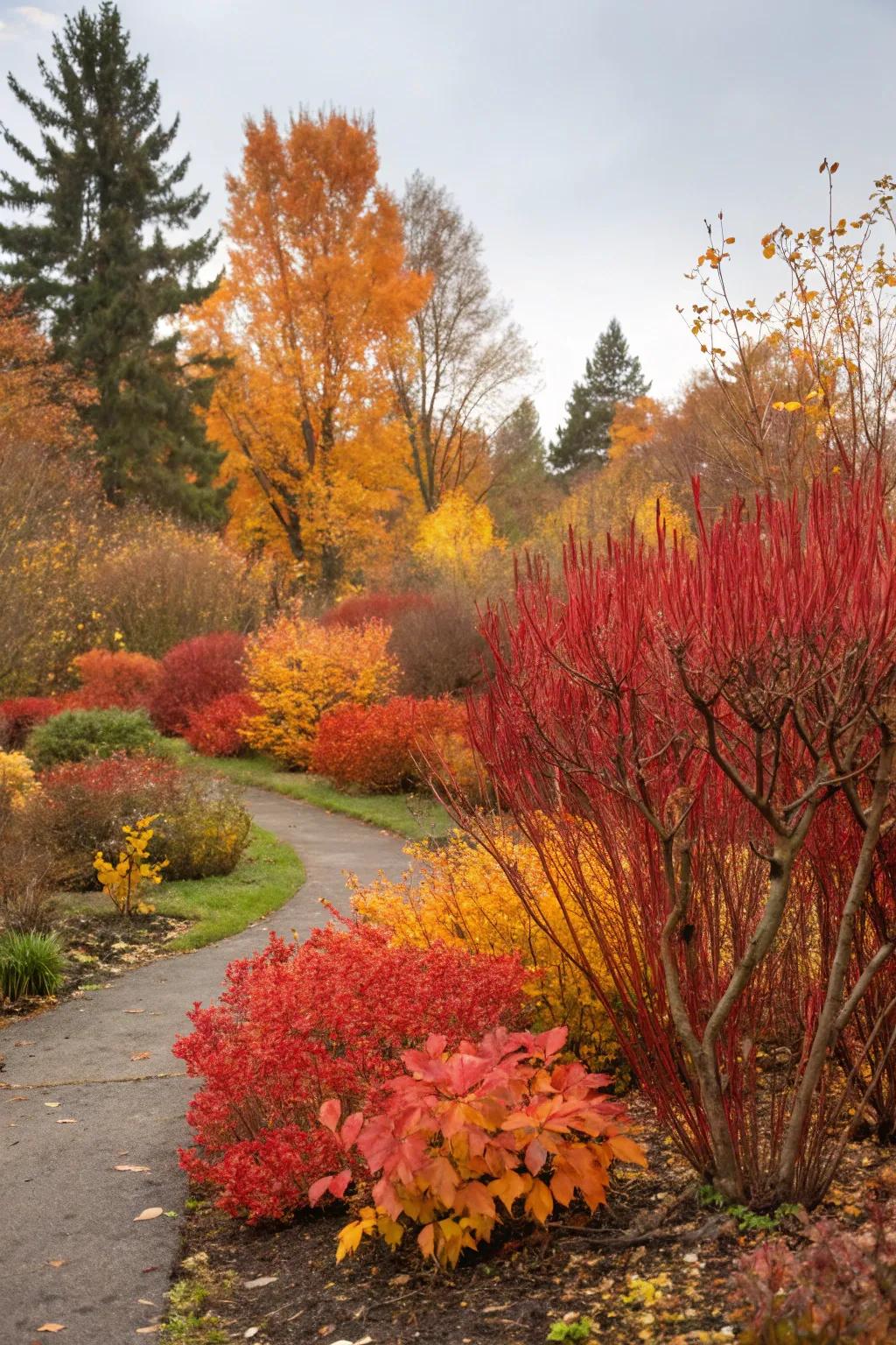 Burning bushes amid other autumn foliage for a seasonal spectacle.