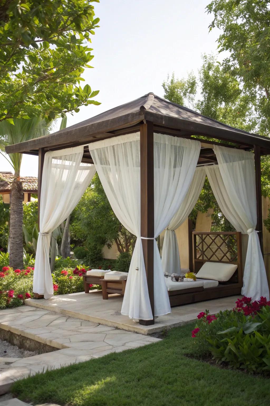 A private retreat with a canopy and curtains.