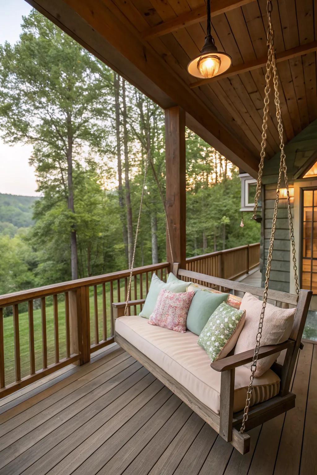 A porch swing offers a relaxing retreat.