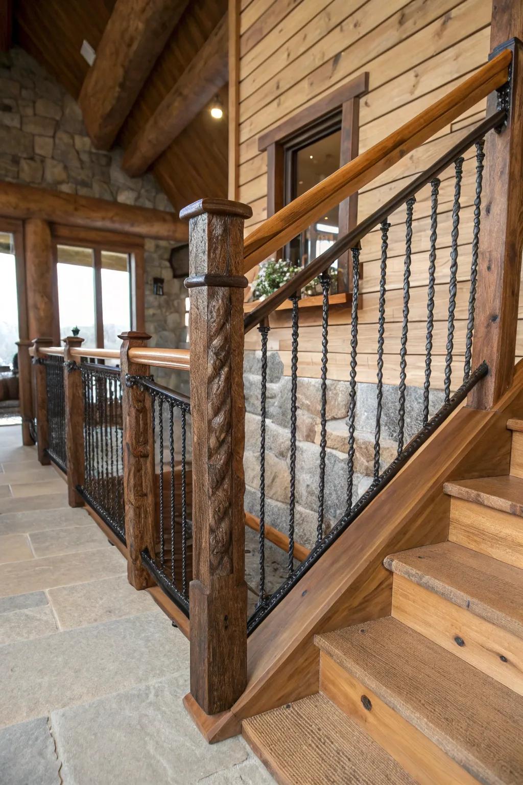 Industrial chic cabin railing with rebar spindles and wooden elements.