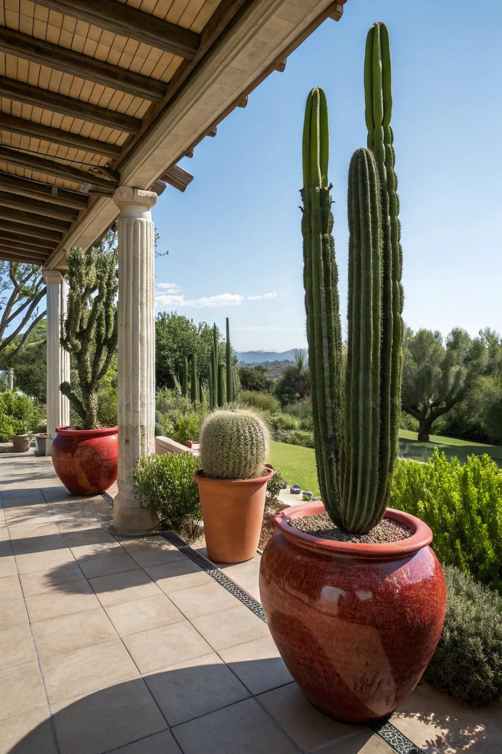 Large potted cacti making a bold statement on the patio.