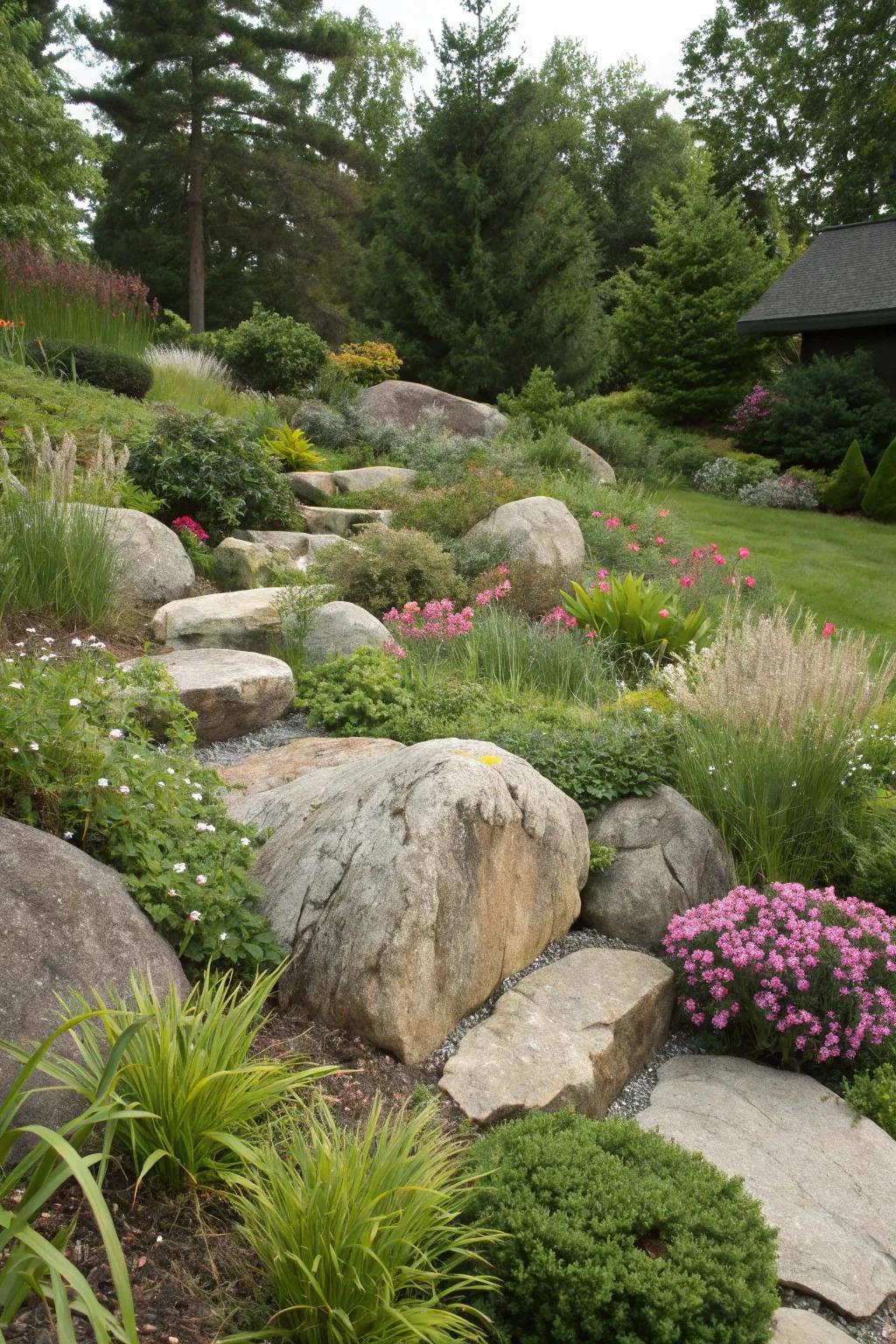 Natural boulders adding texture to a serene garden setting.