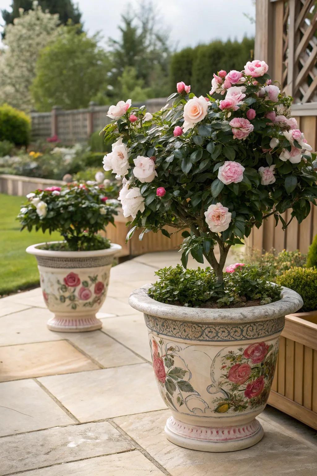 Potted camellias add elegance to compact spaces.