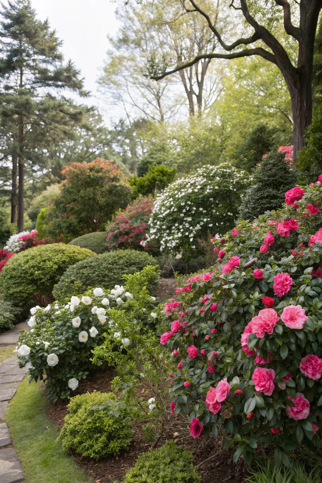 A vibrant mix of camellias and companion plants.