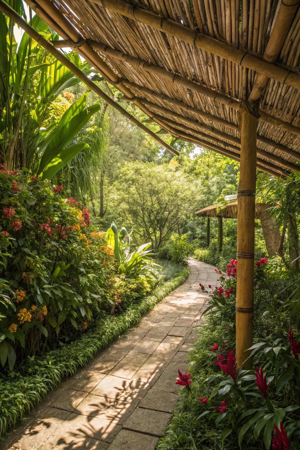 A bamboo canopy adding rustic charm to a garden space.