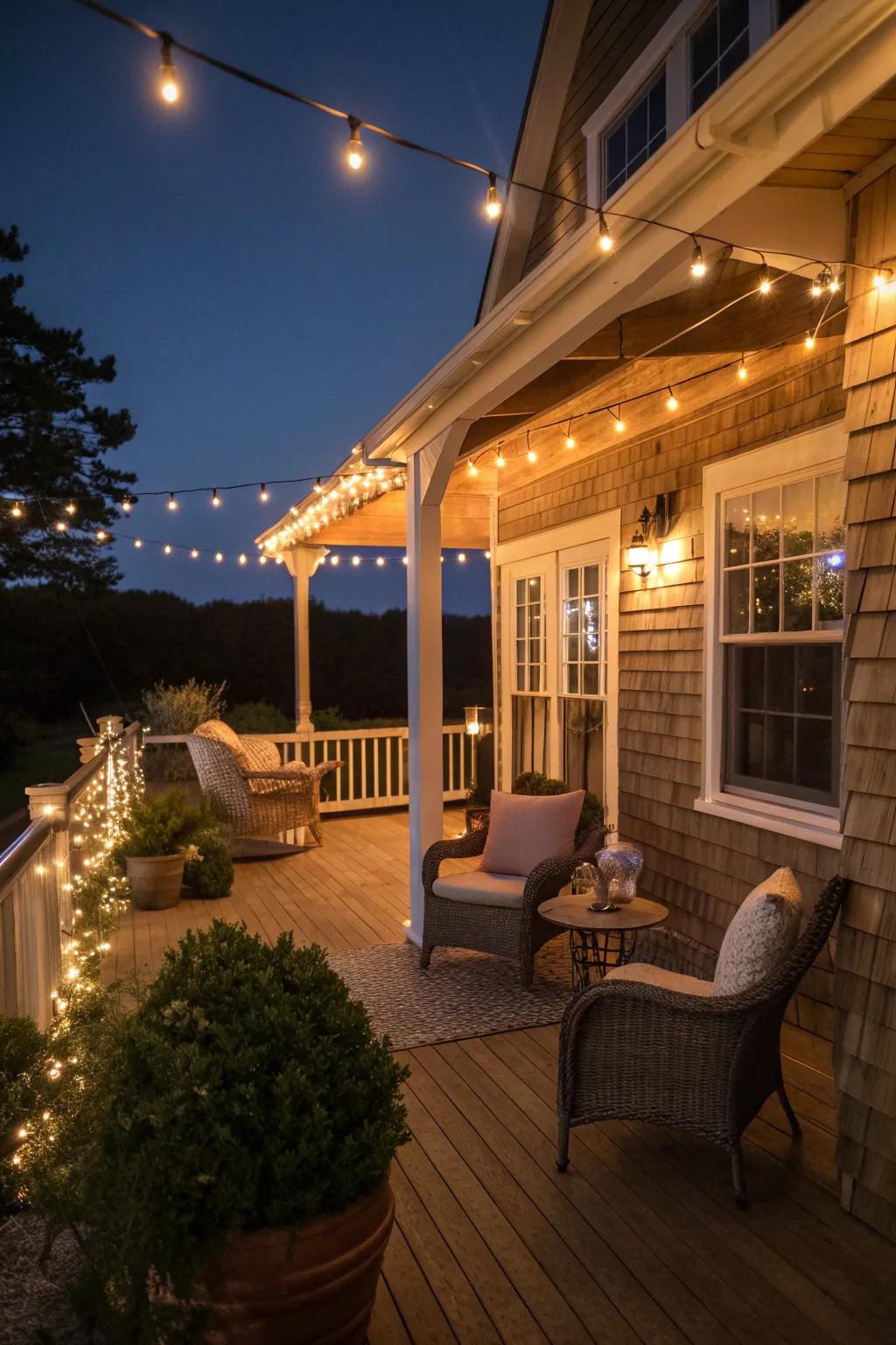 String lights illuminating a Cape Cod porch.