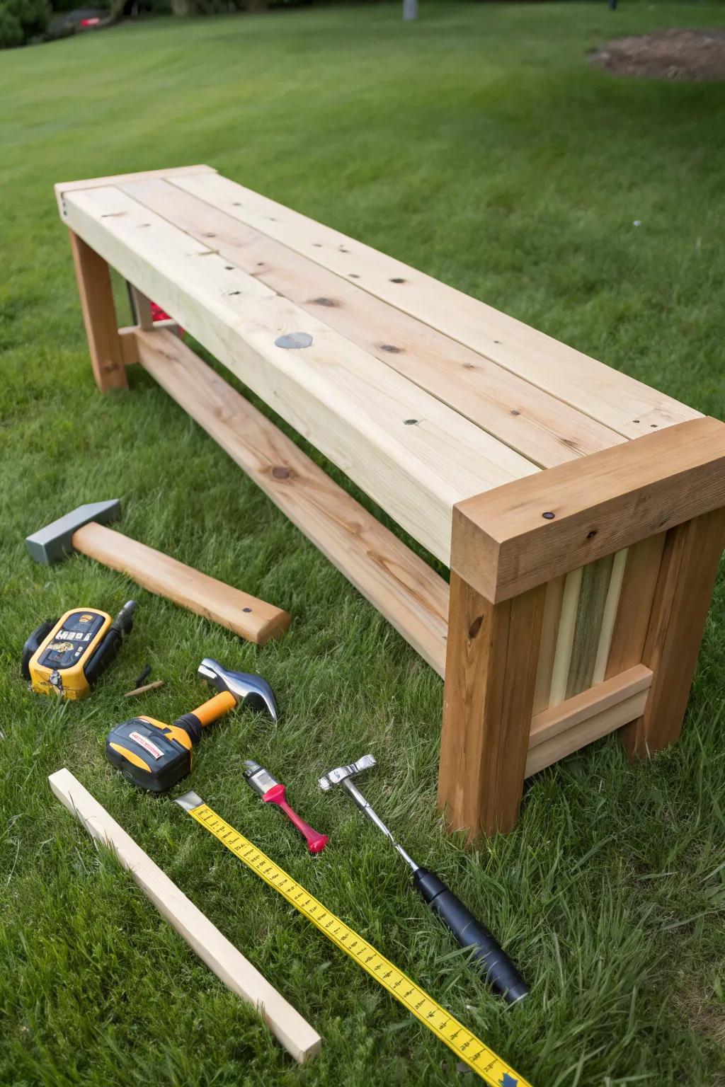 A DIY cedar bench stands proudly in a garden setting.
