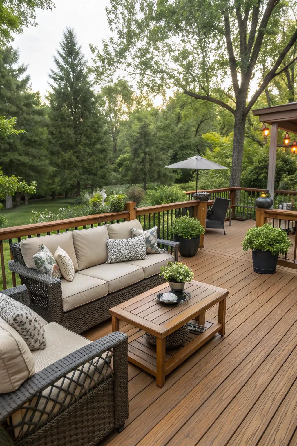 Stylish outdoor furniture complements this cedar deck.