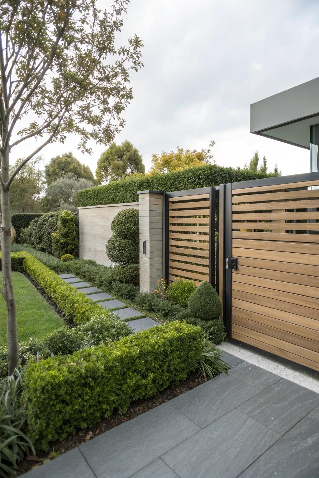 Horizontal slat cedar gate for a modern garden look.