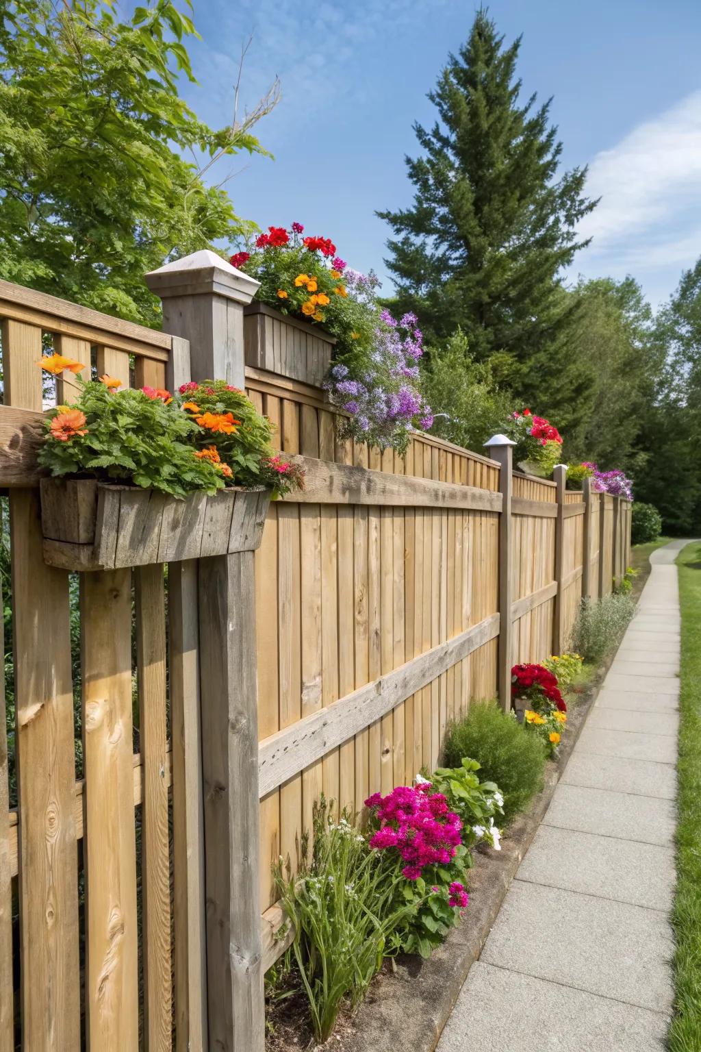 Built-in planters bring life to this cedar privacy fence.