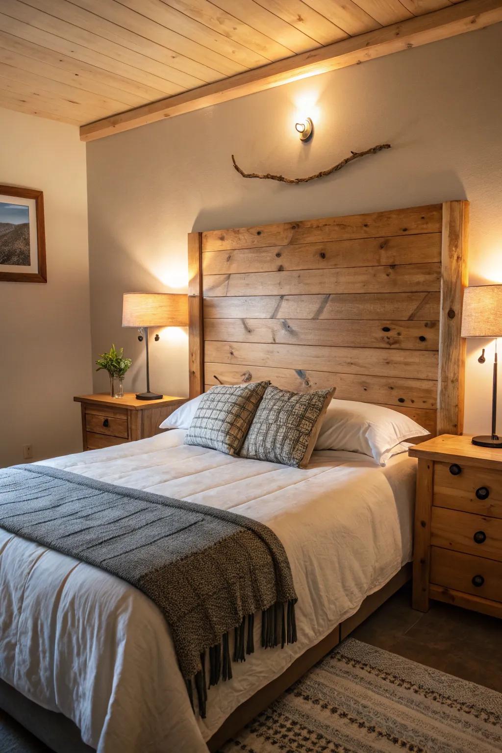 A bedroom featuring a unique cedar slab headboard.