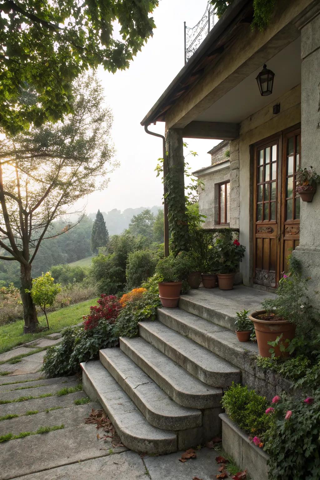 A multi-level cement porch adding character to the home.