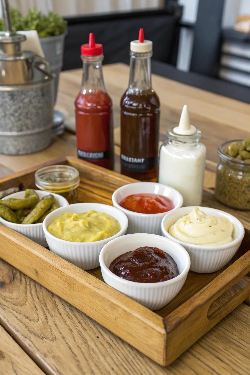 A rustic condiment bar adds charm and functionality.