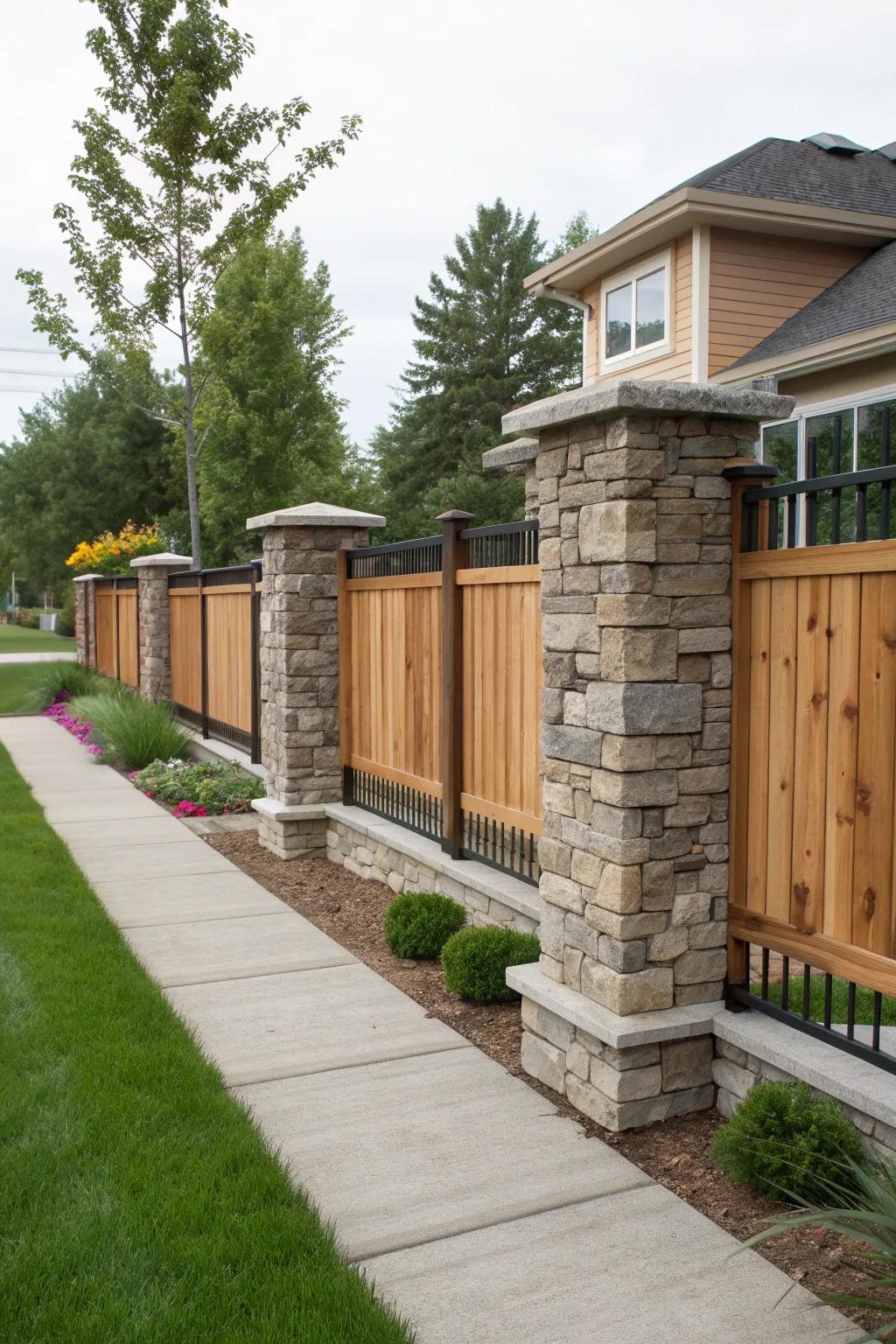 Stone and wood create a strong yet elegant boundary.