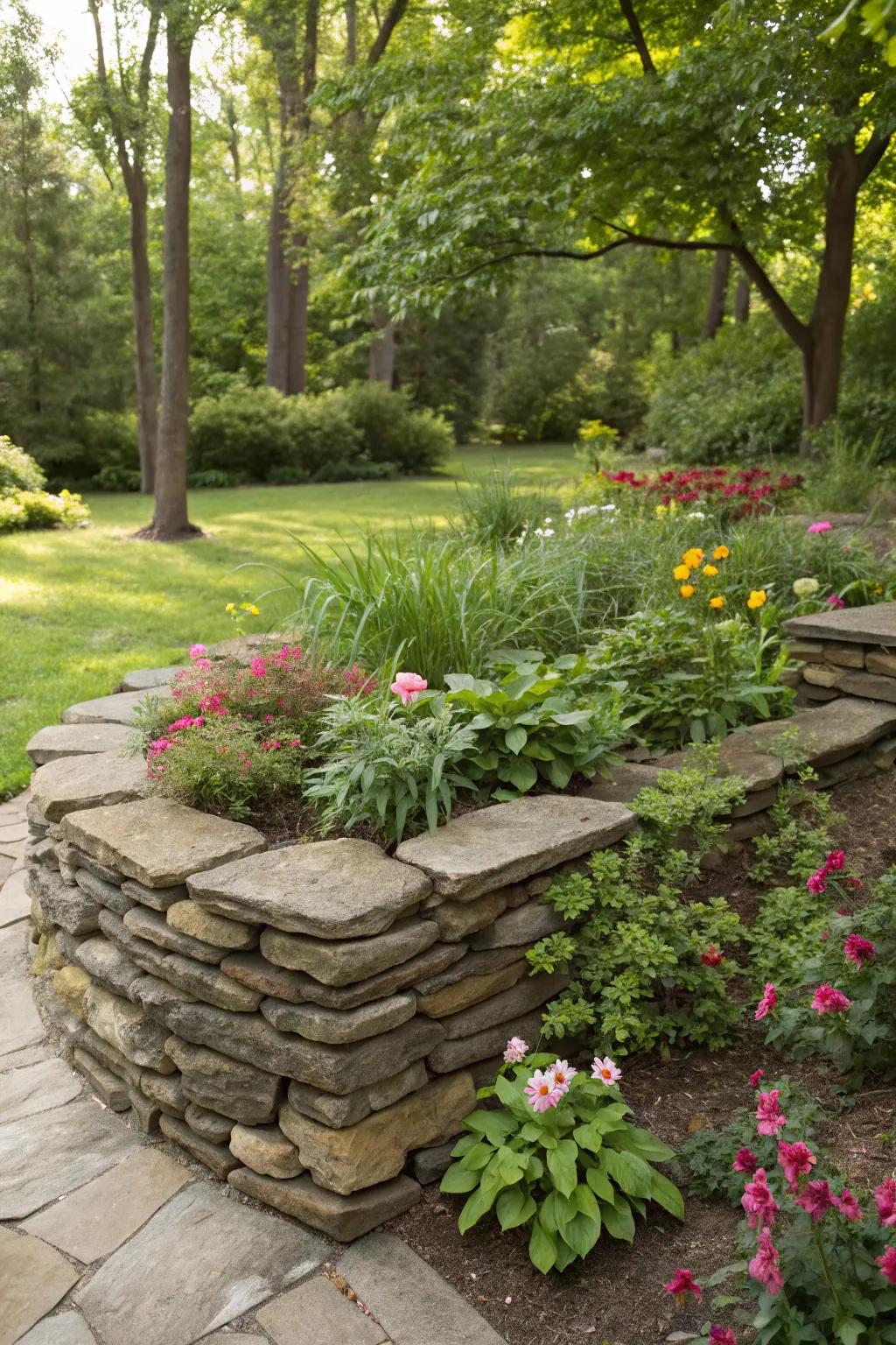 Stacked stone beds integrate beautifully into any garden landscape.