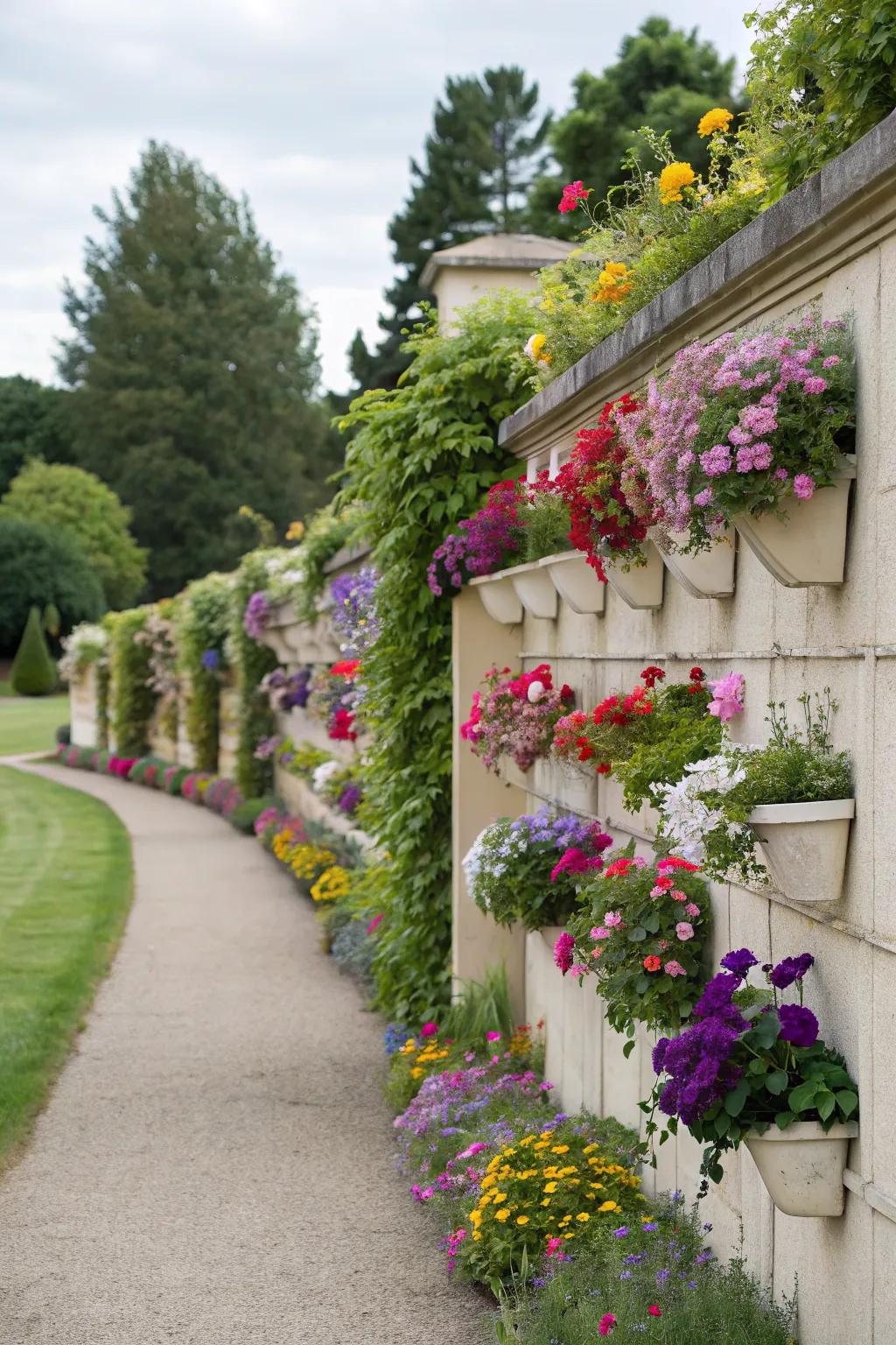 A garden wall featuring built-in planters.