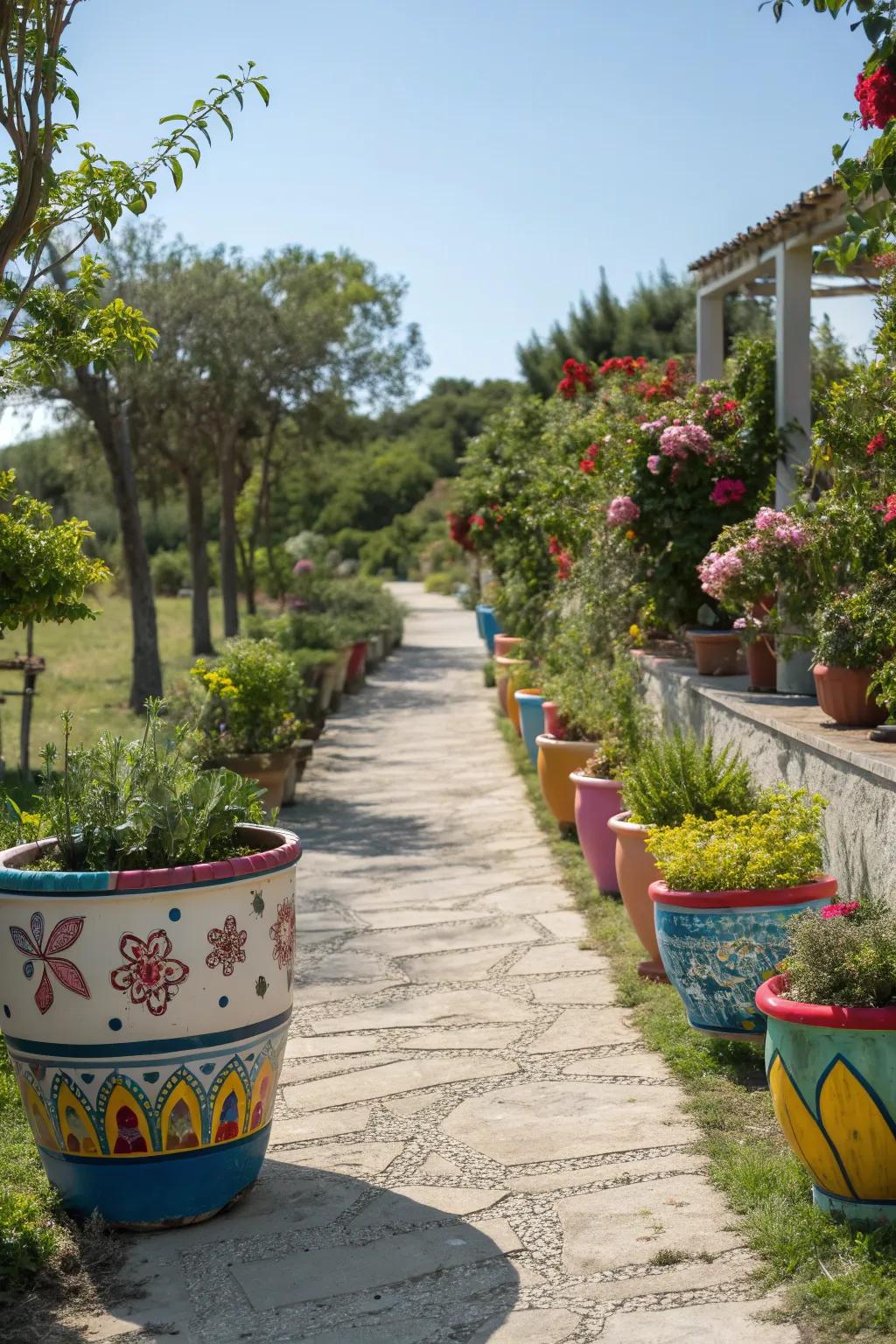 Potted plants bring color and life to garden edges.