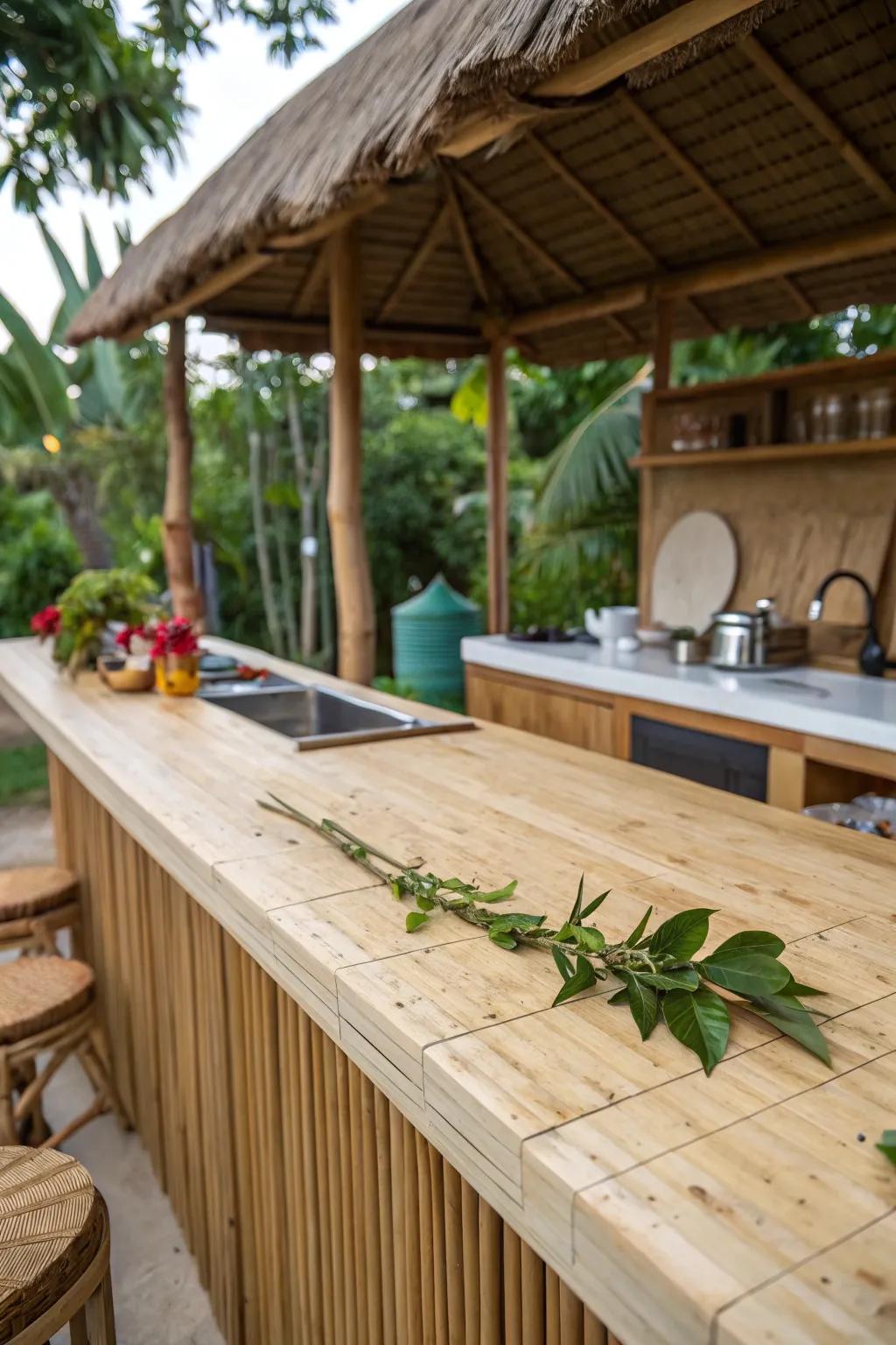 Bamboo countertops add an eco-friendly and exotic touch to outdoor dining areas.
