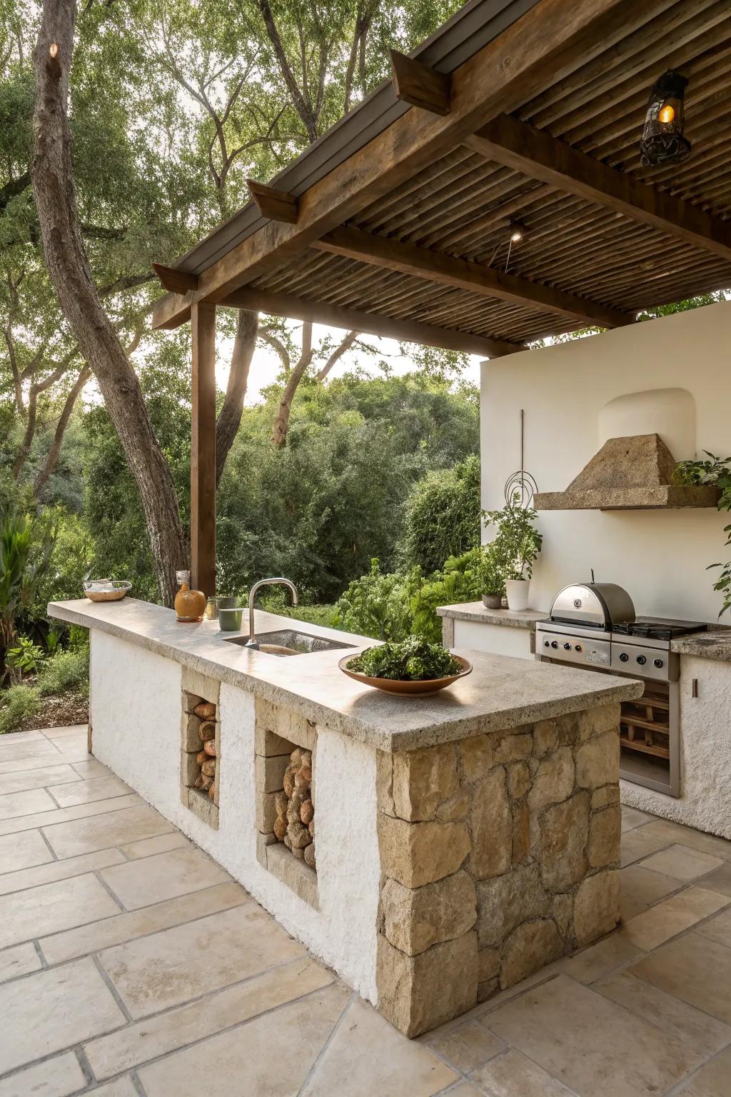 Stone countertops offer timeless elegance and durability for outdoor kitchens.