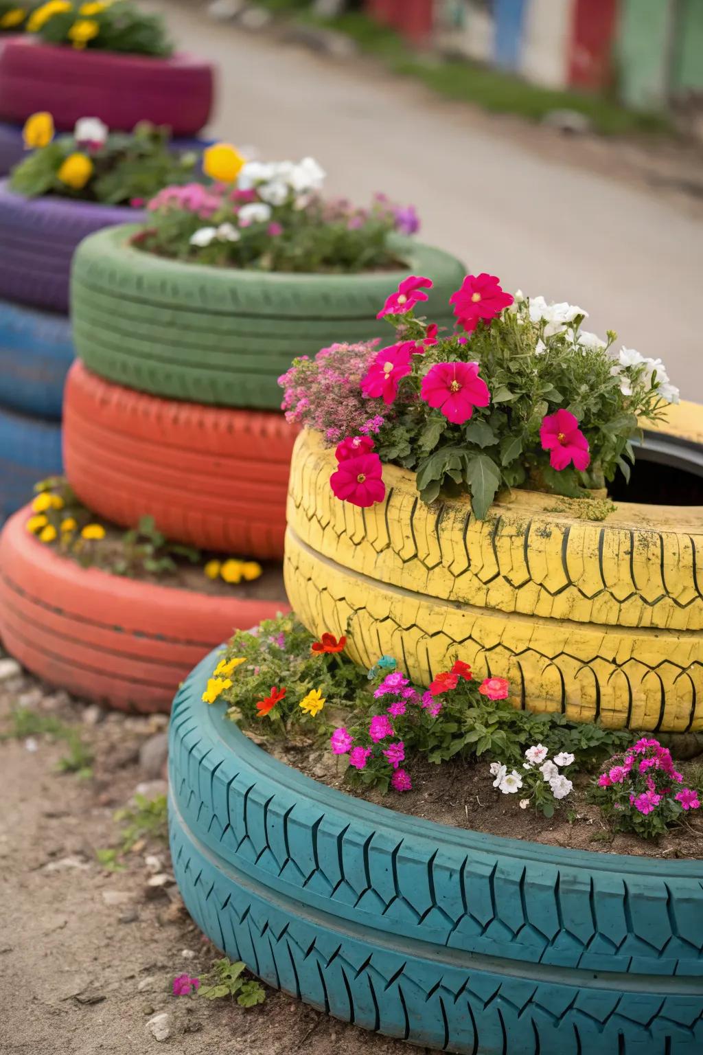 Transform used tires into vibrant and creative raised beds.
