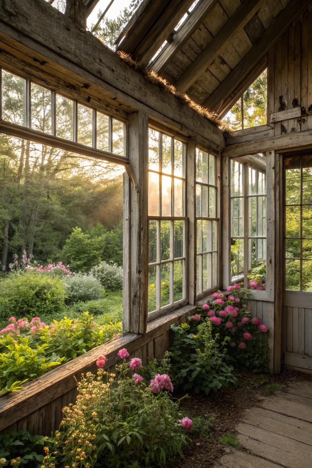 Salvaged windows brighten up a shed with natural light.