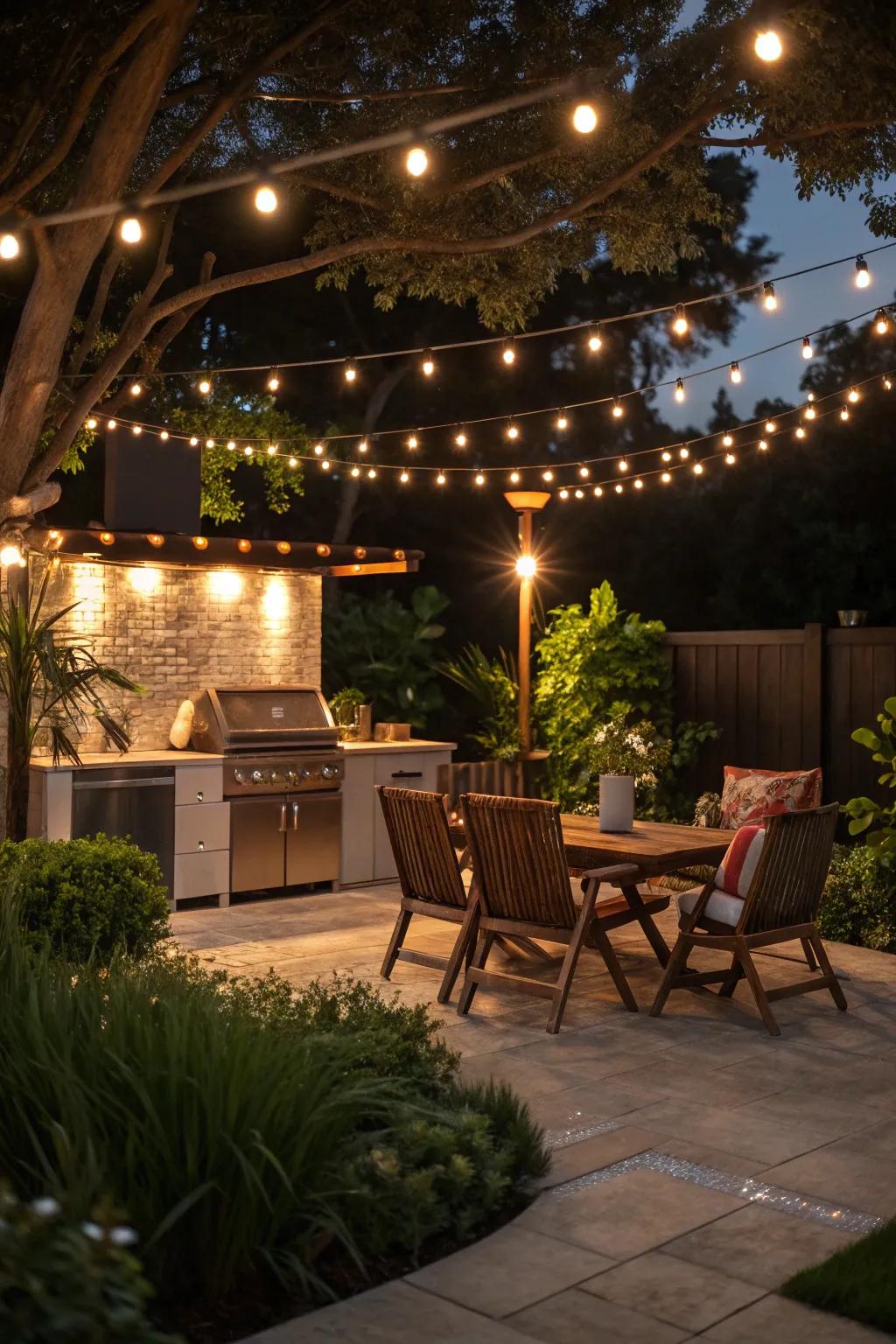 String lights create a warm and inviting atmosphere.