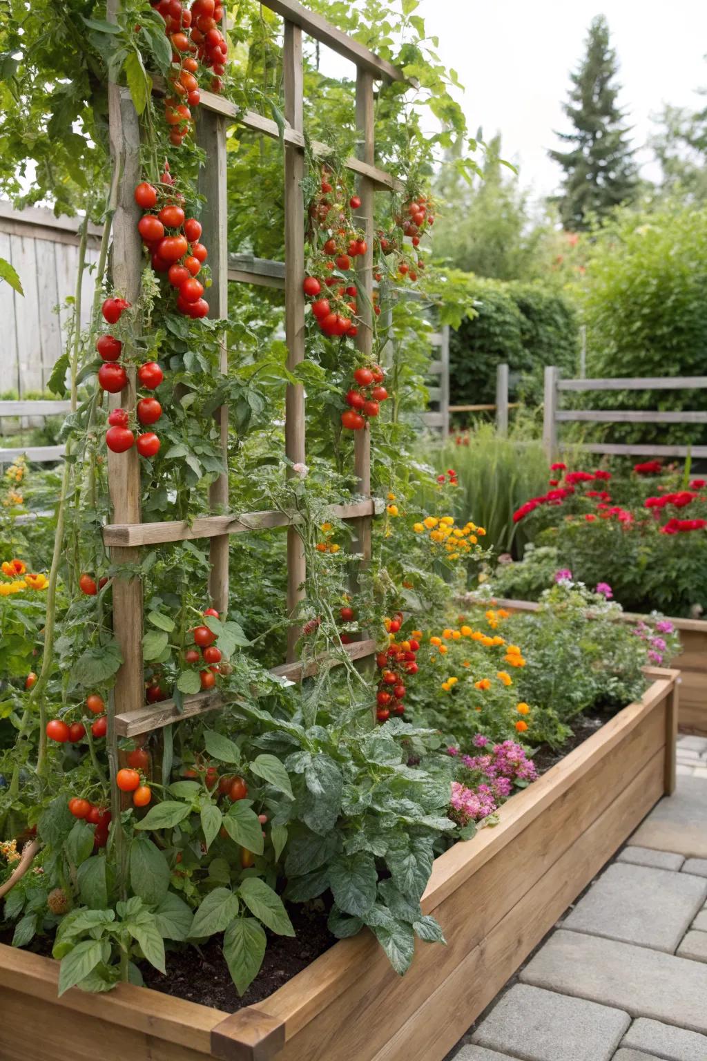 A raised bed with a built-in trellis showcasing lush cherry tomato plants.