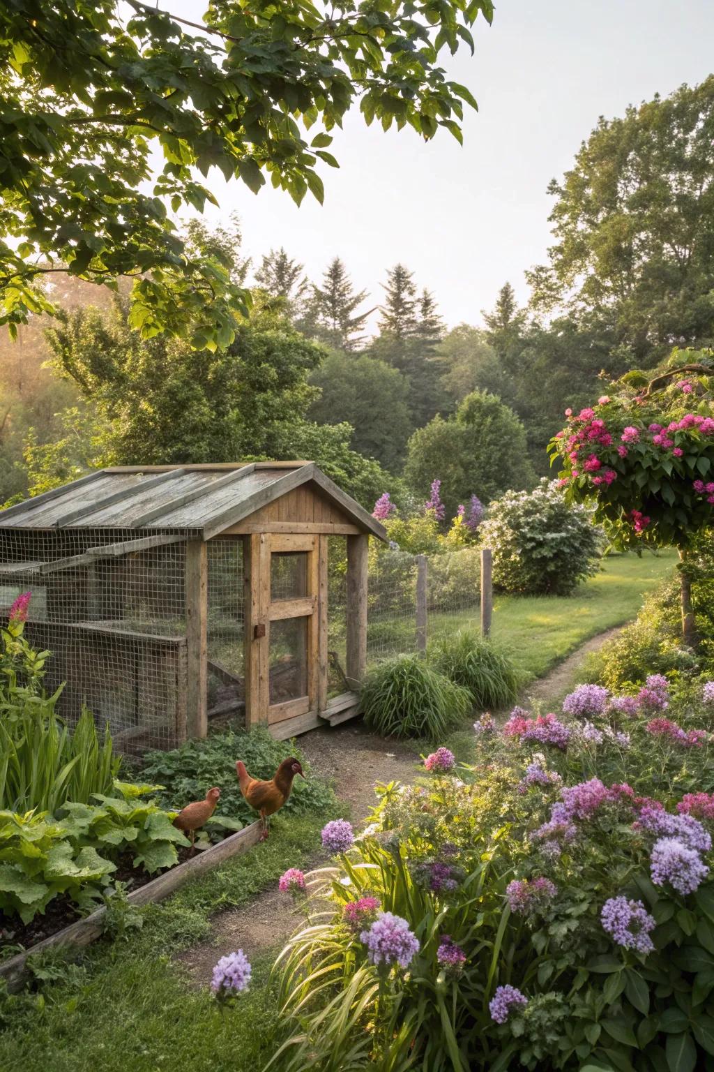 Greenery around the coop enhances beauty and provides natural foraging.