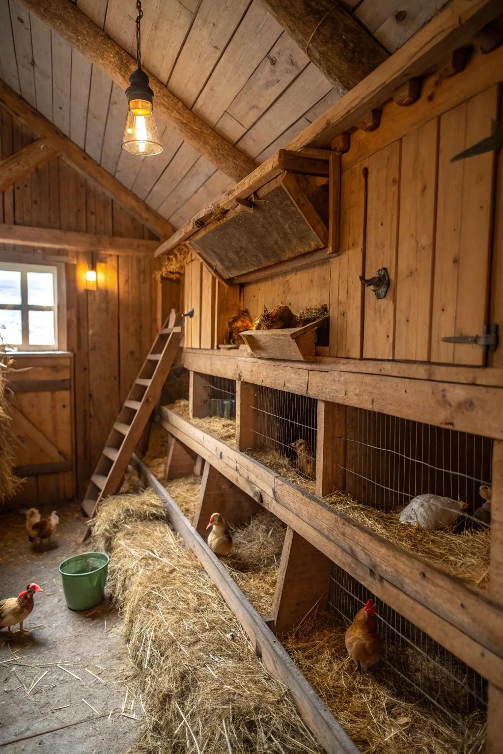 A rustic, naturally decorated chicken coop interior.