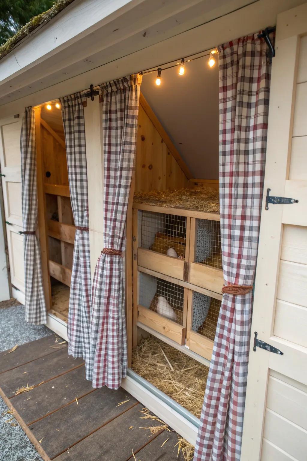 Nesting box curtains offer privacy and charm to the coop.