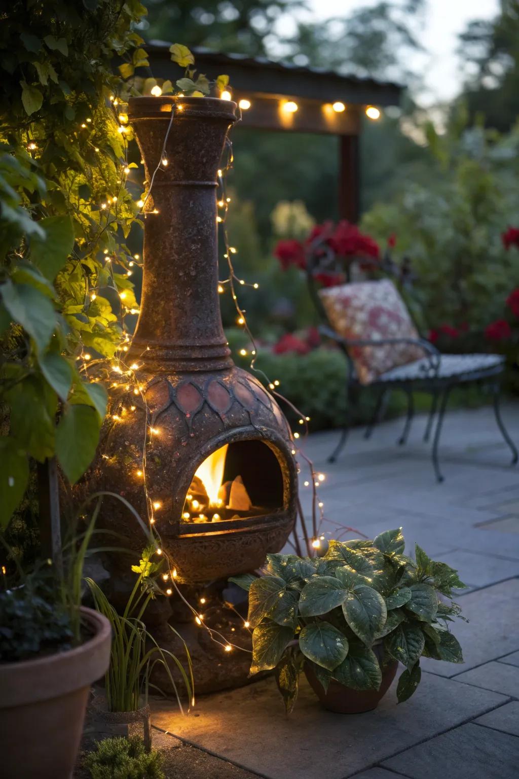 Illuminate your chiminea with decorative lights and foliage.