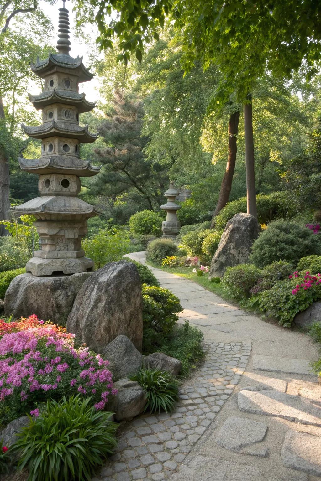 Dramatic ornamental rocks serve as natural sculptures in the garden.
