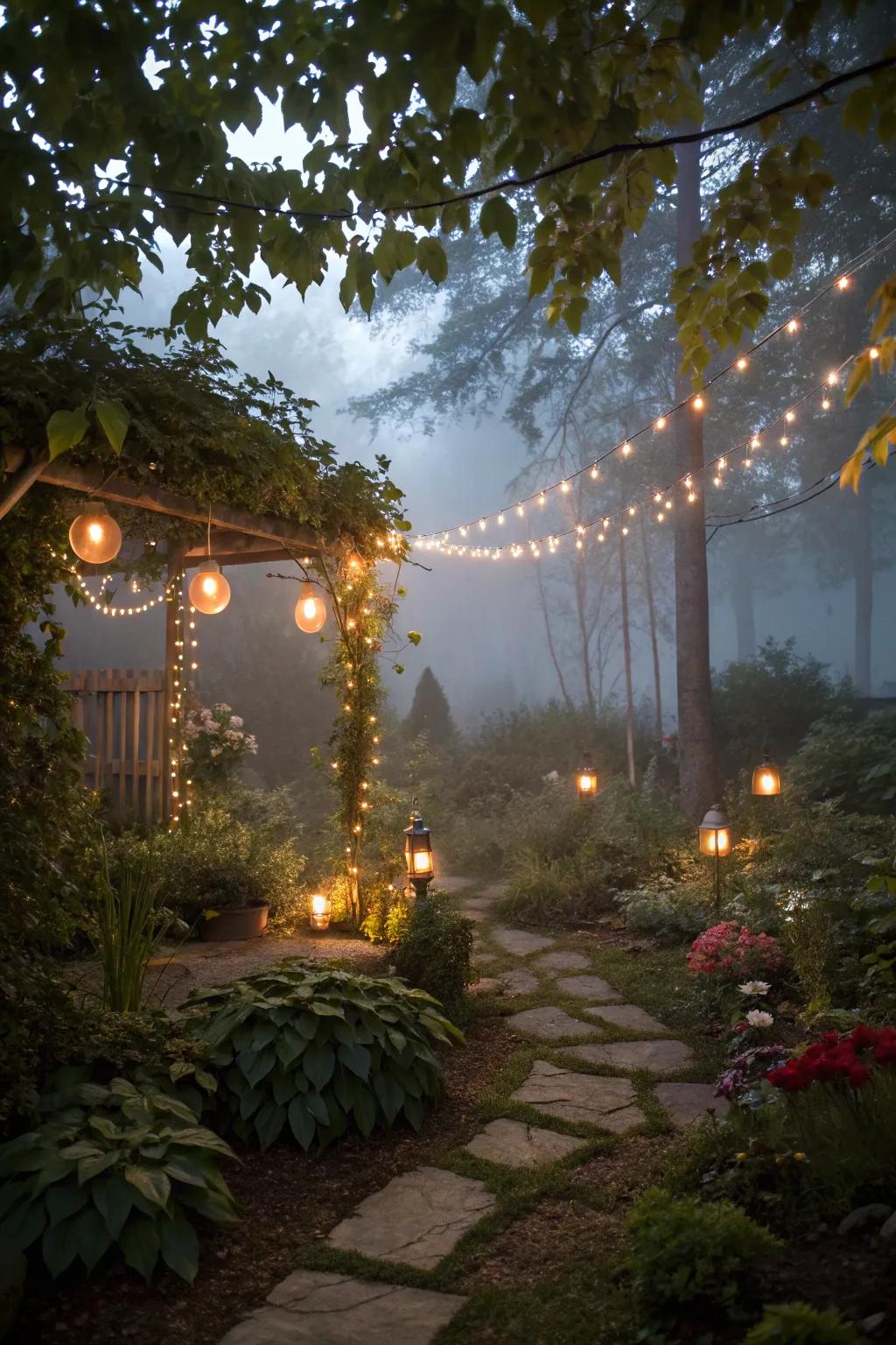 String lights create a warm, magical glow in the garden.