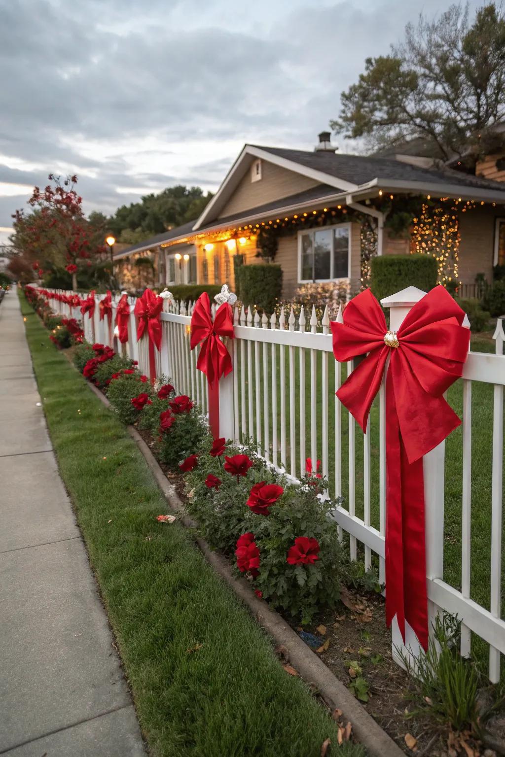 Oversized red bows add a sophisticated touch to the festive fence.